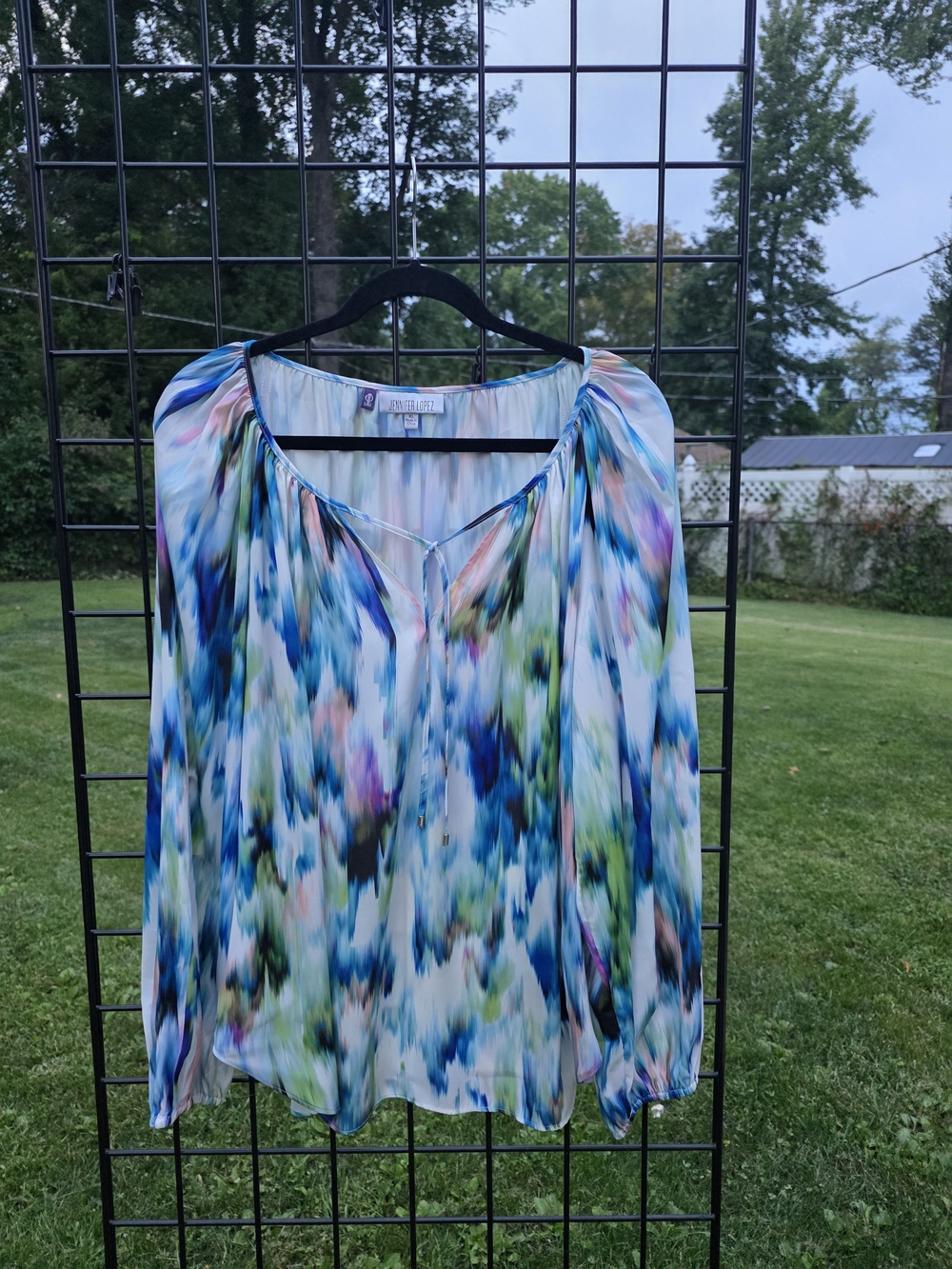 Jennifer Lopez Multicolor Watercolor Tie-Neck Blouse